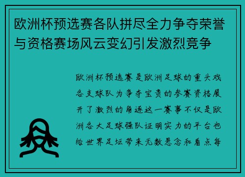 欧洲杯预选赛各队拼尽全力争夺荣誉与资格赛场风云变幻引发激烈竞争