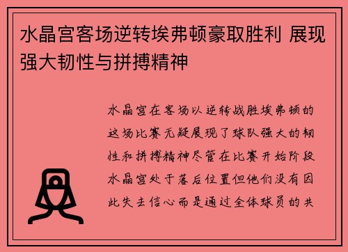 水晶宫客场逆转埃弗顿豪取胜利 展现强大韧性与拼搏精神