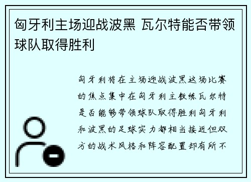 匈牙利主场迎战波黑 瓦尔特能否带领球队取得胜利